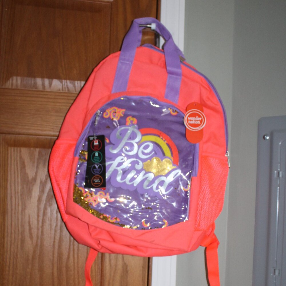 Be Kind ~ Coral / Flourescent Orange & Purple Full Size Backpack - NWT